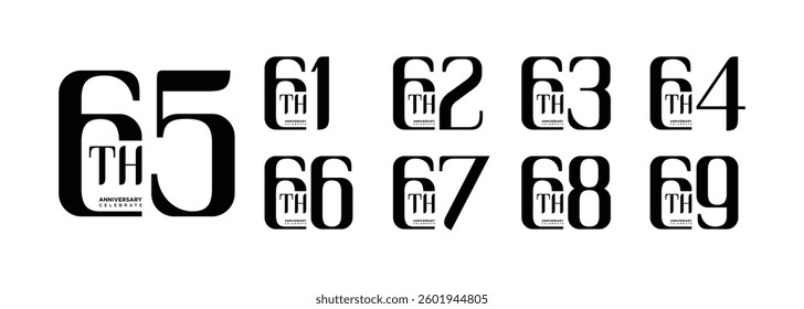 collection of 61st to 69th anniversary logo designs with black numbers on white background