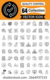 Uma coleção de 64 ícones de vetor desenhados à mão representando conceitos de controle de qualidade, negócios e tecnologia, apresentados em um fundo laranja.