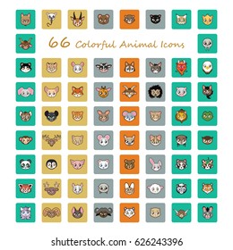 Collection of 66 colorful animal head icons