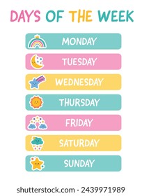 Collection of 7 days of the week. Lettering stickers with days for planer stickers, scrapbooking, bullet journal, weekly planner. Learning days of week poster for classroom, preschool, kindergarten.