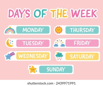 Collection of 7 days of the week. Lettering stickers with days for planer stickers, scrapbooking, bullet journal, weekly planner. Days of the week stickers set. Inscription, lettering.