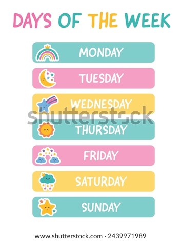 Collection of 7 days of the week. Lettering stickers with days for planer stickers, scrapbooking, bullet journal, weekly planner. Learning days of week poster for classroom, preschool, kindergarten.