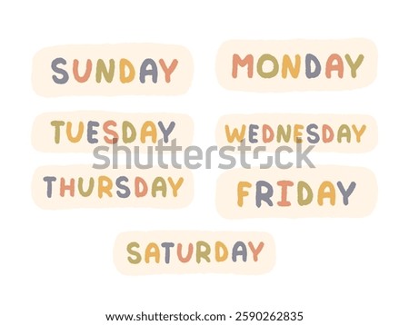 Collection of 7 days of the week. Lettering stickers with days for planer stickers, scrapbooking, bullet journal, weekly planner. Learning days of week poster for classroom, preschool, kindergarten.