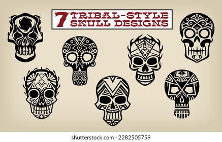 A collection of 7 graphic art skull designs, each with a unique artistic look and vibe.