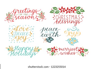 Collection with 7 Holiday cards made hand lettering Christmas Blessings. Love, peace, joy. Merriest wishes Biblical background. Christian poster. Modern calligraphy Greetings season