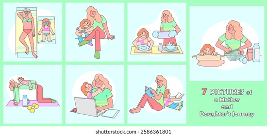 Collection of 7 illustrations depicting heartwarming moments between a mother and daughter. From playful days at the beach to cozy reading time, these images capture the beauty of their bond. 