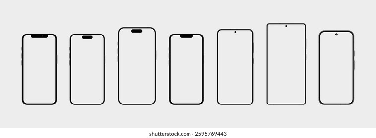 Collection of 7 mobile phones with empty white screens. Vector smartphone mockup.