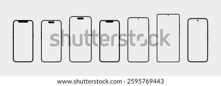Collection of 7 mobile phones with empty white screens. Vector smartphone mockup.