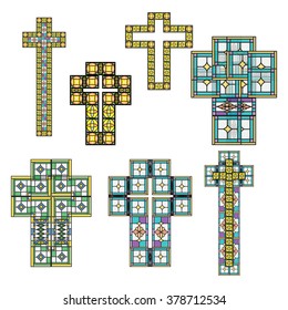 Collection of 7 stained glass color crosses. Vector illustration for Lent or Easter, or any religious and Church use.