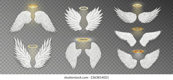 Colección de 7 alas blancas de ángel tridimensional y nimbus brillante. Mascarada, festival, disfraces de carnaval. Santo real aureole (halo) y alas aisladas en fondo transparente