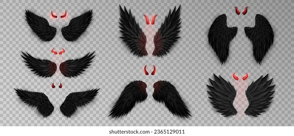 Collection of 7 three dimensional devil horns and black wings on transparent background. Monster, dark angel outfit. Masquerade, carnival 3d costume. Daemon's red glossy horns and realistic wings