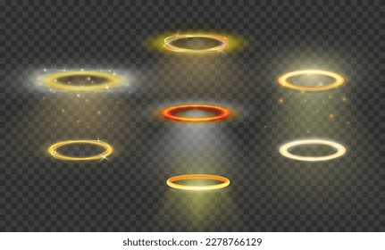 Collection of 7 various three dimensional shiny golden nimbus isolated on transparent background. Glossy realistic halo, angel ring, Saint aureole symbol. Vector illustration EPS 10