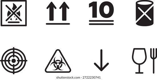 Una colección de 7 iconos de silueta de Vector para el envío, manejo y precaución, incluidos los símbolos frágiles, direccionales y de advertencia