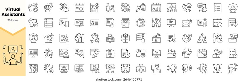 A collection of 70 line icons representing virtual assistant tasks, featuring communication, scheduling, and productivity themes in a minimalist design.