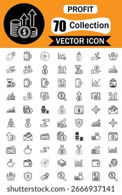 Uma coleção de 70 ícones vetoriais relacionados ao lucro, finanças e crescimento dos negócios, apresentados em um fundo laranja.