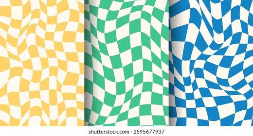 Collection of 70s backgrounds in retro hippie style. Wave patterns, squares, nets. Texture vector illustration. Distorted in psychedelic and y2k aesthetic styles
