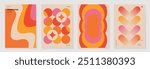 Collection of 70s color gradient poster background vector. Set of retro wall decoration, groovy, trippy, geometric shape. Vintage hippie wall art for interior, decorative, banner, cover, card.