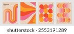 Collection of 70s color gradient poster background vector. Set of retro wall decoration, groovy, trippy, geometric shape. Vintage hippie wall art for interior, decorative, banner, cover, card.