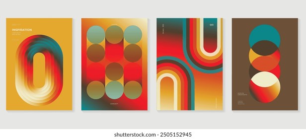 Collection of 70s color gradient poster background vector. Set of retro wall decoration, groovy, trippy, geometric shape. Vintage hippie wall art for interior, decorative, banner, cover, card.