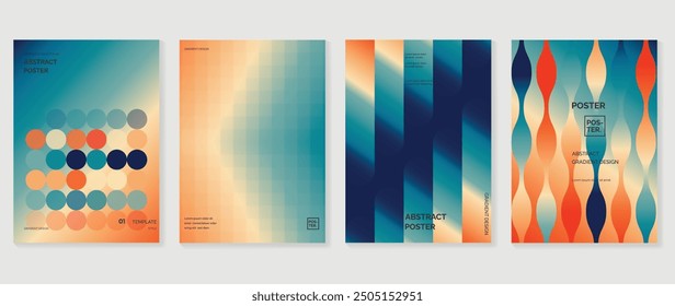 Collection of 70s color gradient poster background vector. Set of retro wall decoration, groovy, trippy, geometric shape. Vintage hippie wall art for interior, decorative, banner, cover, card.