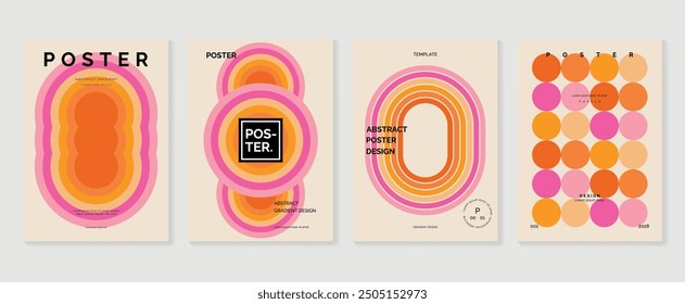 Collection of 70s color gradient poster background vector. Set of retro wall decoration, groovy, trippy, geometric shape. Vintage hippie wall art for interior, decorative, banner, cover, card.