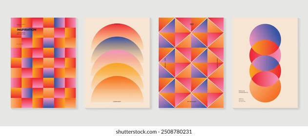 Collection of 70s color gradient poster background vector. Set of retro wall decoration, groovy, trippy, geometric shape. Vintage hippie wall art for interior, decorative, banner, cover, card.