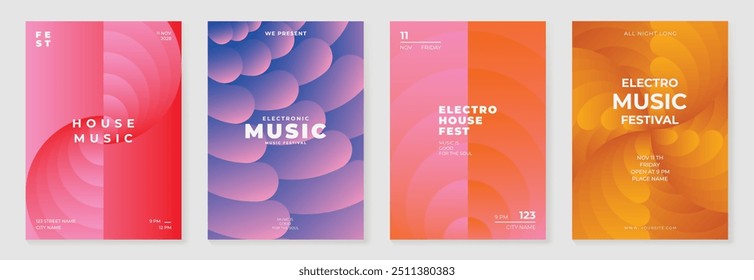 Collection of 70s color gradient poster background vector. Set of retro wall decoration, groovy, trippy, geometric shape. Vintage hippie wall art for interior, decorative, banner, cover, card.
