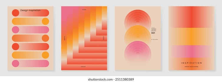 Collection of 70s color gradient poster background vector. Set of retro wall decoration, groovy, trippy, geometric shape. Vintage hippie wall art for interior, decorative, banner, cover, card.