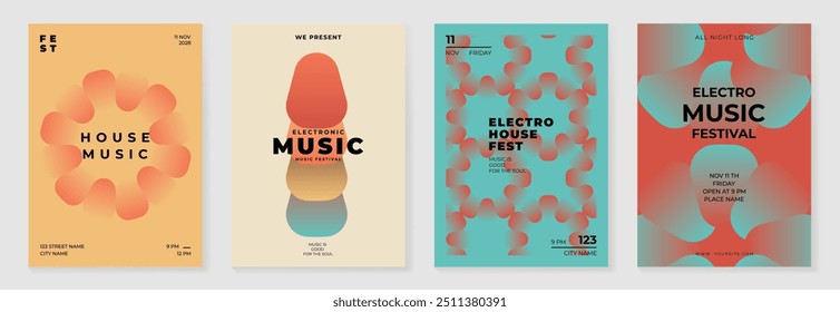 Collection of 70s color gradient poster background vector. Set of retro wall decoration, groovy, trippy, geometric shape. Vintage hippie wall art for interior, decorative, banner, cover, card.