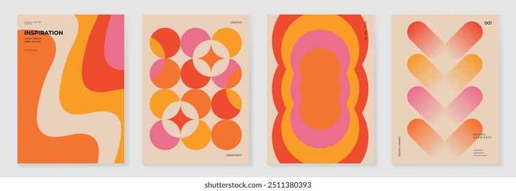 Collection of 70s color gradient poster background vector. Set of retro wall decoration, groovy, trippy, geometric shape. Vintage hippie wall art for interior, decorative, banner, cover, card.