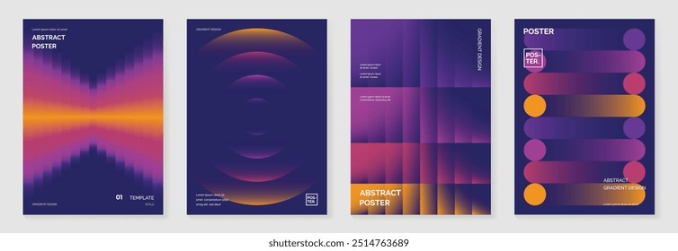 Collection of 70s color gradient poster background vector. Set of retro wall decoration, groovy, trippy, geometric shape. Vintage hippie wall art for interior, decorative, banner, cover, card.