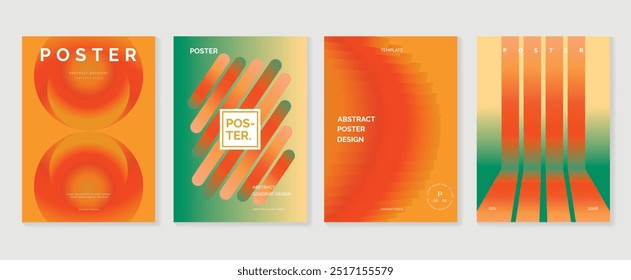 Collection of 70s color gradient poster background vector. Set of retro wall decoration, groovy, trippy, geometric shape. Vintage hippie wall art for interior, decorative, banner, cover, card.