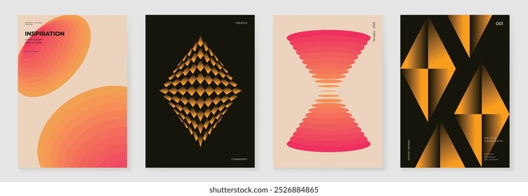 Collection of 70s color gradient poster background vector. Set of retro wall decoration, groovy, trippy, geometric shape. Vintage hippie wall art for interior, decorative, banner, cover, card.