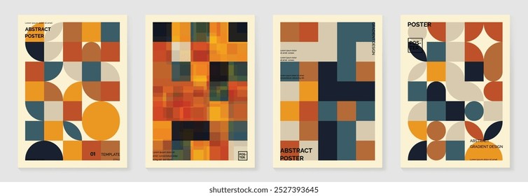Collection of 70s color gradient poster background vector. Set of retro wall decoration, groovy, trippy, geometric shape. Vintage hippie wall art for interior, decorative, banner, cover, card.