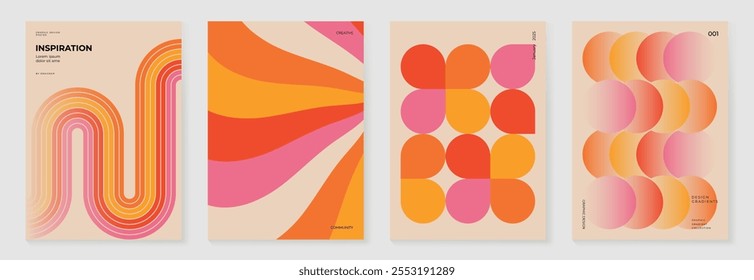 Collection of 70s color gradient poster background vector. Set of retro wall decoration, groovy, trippy, geometric shape. Vintage hippie wall art for interior, decorative, banner, cover, card.