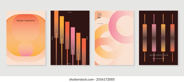 Collection of 70s color gradient poster background vector. Set of retro wall decoration, groovy, trippy, geometric shape. Vintage hippie wall art for interior, decorative, banner, cover, card.