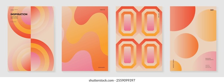 Collection of 70s color gradient poster background vector. Set of retro wall decoration, groovy, trippy, geometric shape. Vintage hippie wall art for interior, decorative, banner, cover, card.