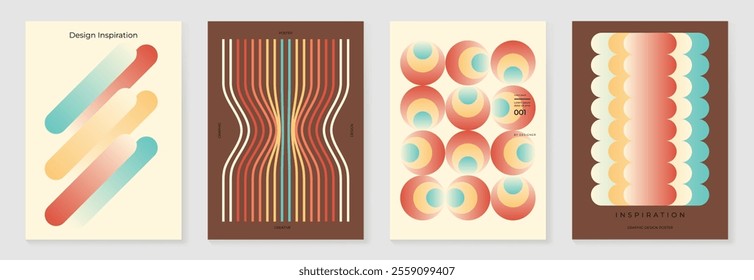 Collection of 70s color gradient poster background vector. Set of retro wall decoration, groovy, trippy, geometric shape. Vintage hippie wall art for interior, decorative, banner, cover, card.