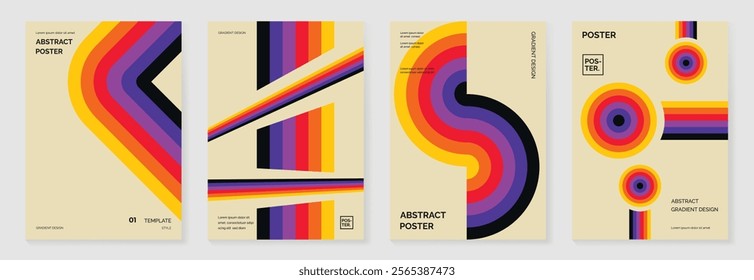 Collection of 70s color gradient poster background vector. Set of retro wall decoration, groovy, trippy, geometric shape. Vintage hippie wall art for interior, decorative, banner, cover, card.