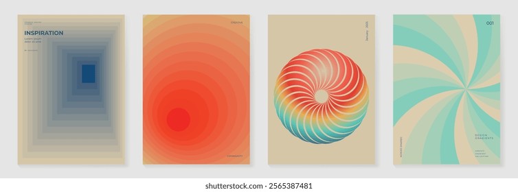 Collection of 70s color gradient poster background vector. Set of retro wall decoration, groovy, trippy, geometric shape. Vintage hippie wall art for interior, decorative, banner, cover, card.