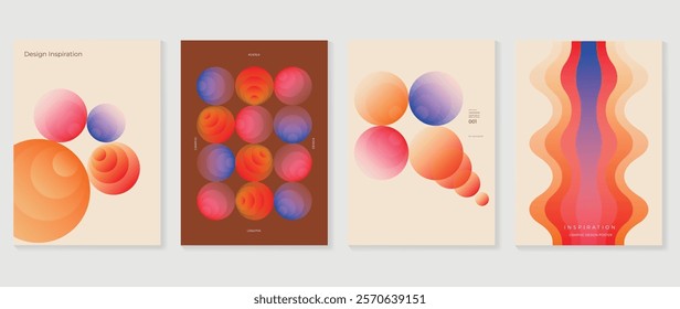 Collection of 70s color gradient poster background vector. Set of retro wall decoration, groovy, trippy, geometric shape. Vintage hippie wall art for interior, decorative, banner, cover, card.