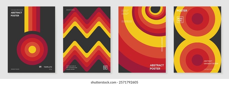 Collection of 70s color gradient poster background vector. Set of retro wall decoration, groovy, trippy, geometric shape. Vintage hippie wall art for interior, decorative, banner, cover, card.