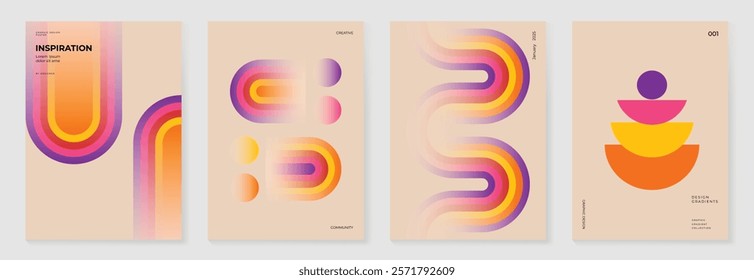 Collection of 70s color gradient poster background vector. Set of retro wall decoration, groovy, trippy, geometric shape. Vintage hippie wall art for interior, decorative, banner, cover, card.