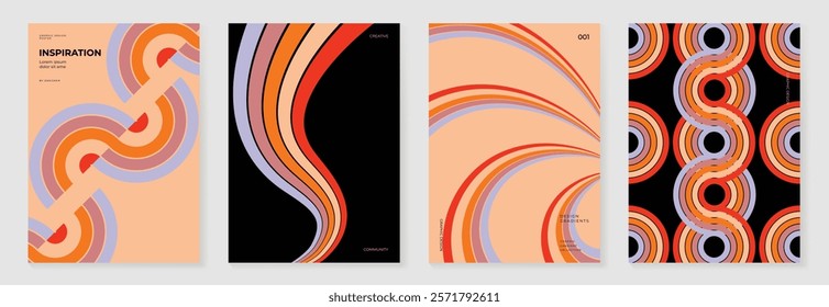 Collection of 70s color gradient poster background vector. Set of retro wall decoration, groovy, trippy, geometric shape. Vintage hippie wall art for interior, decorative, banner, cover, card.