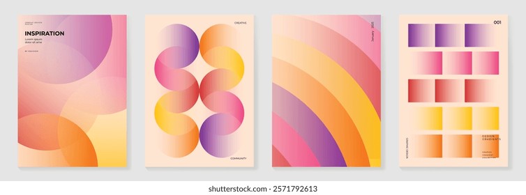 Collection of 70s color gradient poster background vector. Set of retro wall decoration, groovy, trippy, geometric shape. Vintage hippie wall art for interior, decorative, banner, cover, card.