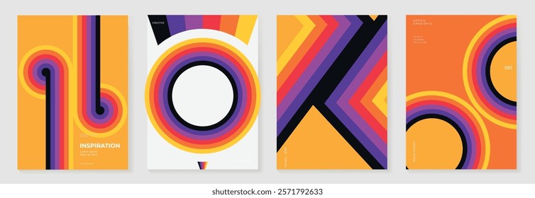 Collection of 70s color gradient poster background vector. Set of retro wall decoration, groovy, trippy, geometric shape. Vintage hippie wall art for interior, decorative, banner, cover, card.