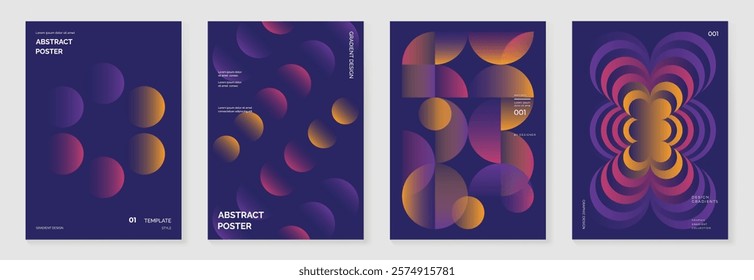 Collection of 70s color gradient poster background vector. Set of retro wall decoration, groovy, trippy, geometric shape. Vintage hippie wall art for interior, decorative, banner, cover, card.