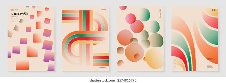 Collection of 70s color gradient poster background vector. Set of retro wall decoration, groovy, trippy, geometric shape. Vintage hippie wall art for interior, decorative, banner, cover, card.