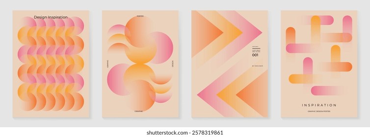 Collection of 70s color gradient poster background vector. Set of retro wall decoration, groovy, trippy, geometric shape. Vintage hippie wall art for interior, decorative, banner, cover, card.