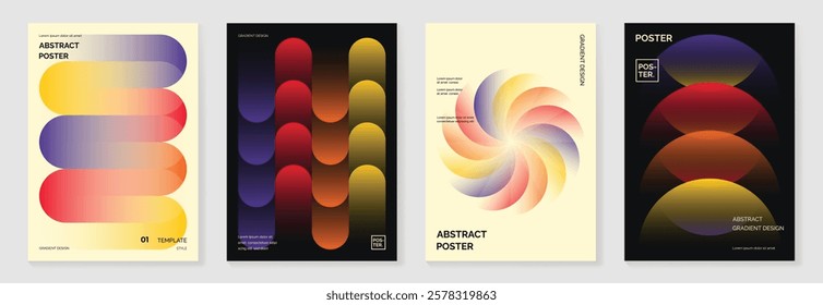 Collection of 70s color gradient poster background vector. Set of retro wall decoration, groovy, trippy, geometric shape. Vintage hippie wall art for interior, decorative, banner, cover, card.